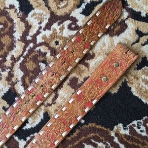 Vintage Western Tooled Leather Belt Red Brown Boho Bohemian Cowboy Distressed
